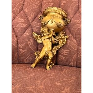 Vintage Gold Cherub Wall Pocket Planter Angel Sconce Baroque Regency Decor 14.5"